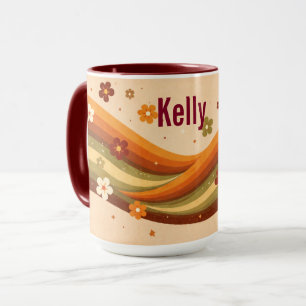 Retro Earthy Rainbow & Flowers Custom Name Mug