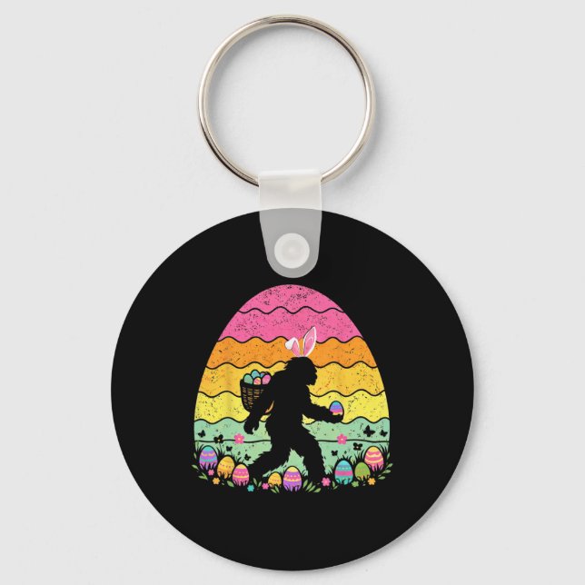 Retro Easter Bigfoot Sasquatch Bunny Egg Hunt Boys Key Ring (Front)