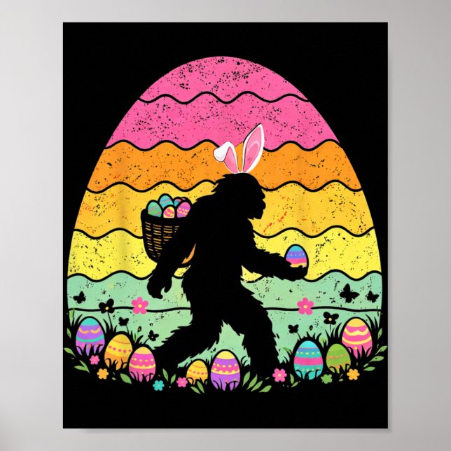 Retro Easter Bigfoot Sasquatch Bunny Egg Hunt Boys Poster (Front)