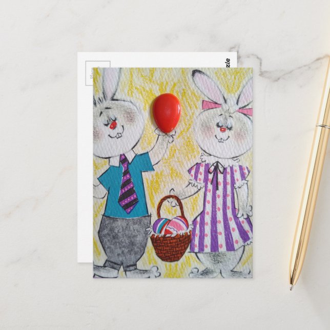 Retro Easter Bunnies Postcard (Front/Back In Situ)