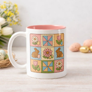 Retro Easter Bunny Floral Quilt Pattern Two-Tone Coffee Mug
