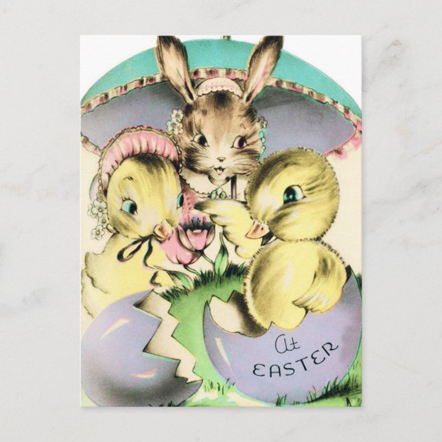 Retro Easter Chicks and Rabbit Postcard (Front)