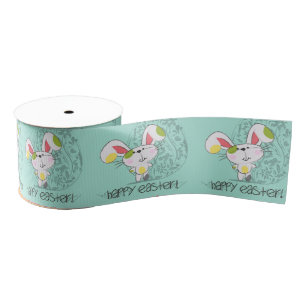 Retro Easter cute cartoon Easter bunny and eggs Grosgrain Ribbon