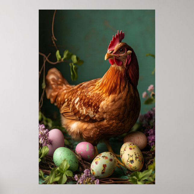 Retro Easter Hen Print, Floral Spring Nursery Art Poster (Front)