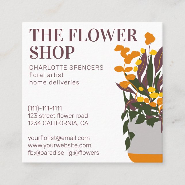 Retro editable  floral illustration florist square business card (Front)