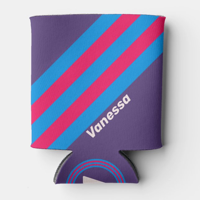 Retro Electric Grape Stripes with Name Can Cooler (Front)