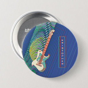 Retro Electric Guitar Cool Blue Personalized Name 7.5 Cm Round Badge