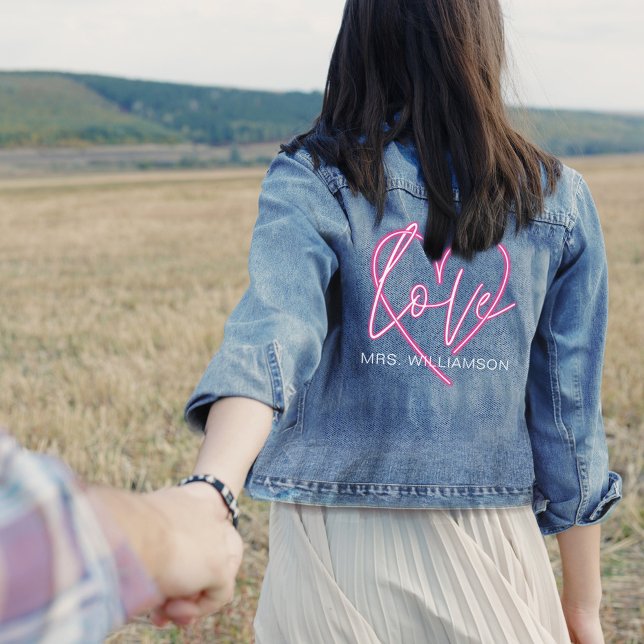 Retro Electric Love Neon Pink Heart Brides Name Denim Jacket (Retro Electric Love Neon Pink Heart Brides Name Denim Jacket)