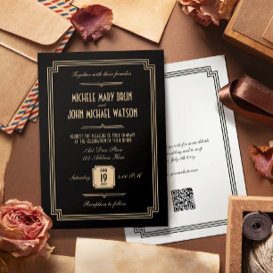 Retro Elegant Black Art Deco QR RSVP Wedding Invitation