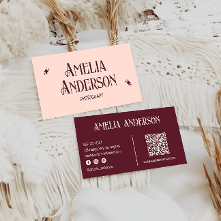 Retro Elegant Blush & Burgundy Qr Code Business Card