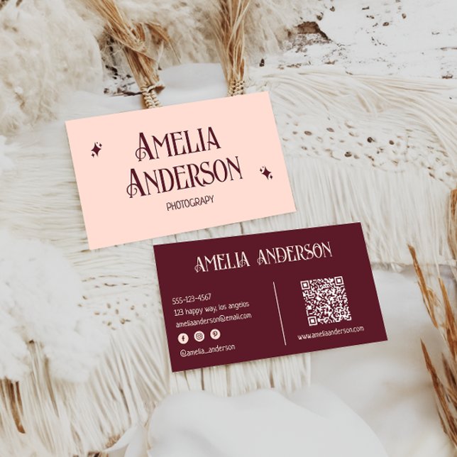 Retro Elegant Blush & Burgundy Qr Code Business Card (Creator Uploaded)