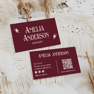 Retro Elegant Blush & Burgundy Qr Code Business Card