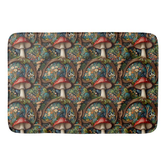 Retro elegant bohemian mushroom forest pattern bath mat (Front)