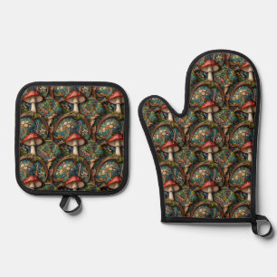 Retro elegant bohemian mushroom forest pattern oven mitt & pot holder set