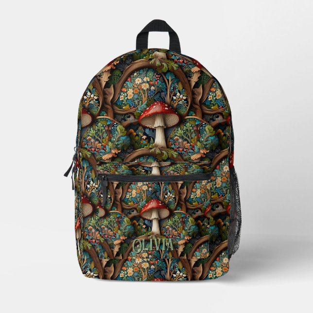 Retro elegant bohemian mushroom forest pattern printed backpack (Front)