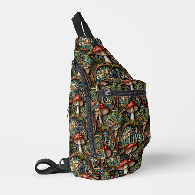 Retro elegant bohemian mushroom forest pattern sling bag (Left Corner)