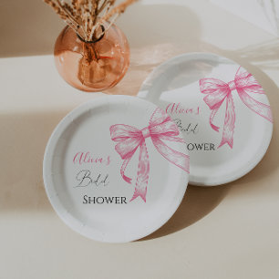 Retro Elegant Coquette Pink Bow Bridal Shower Paper Plate