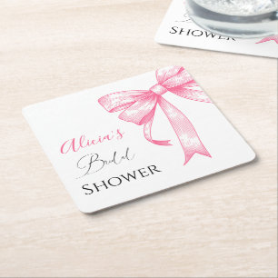 Retro Elegant Coquette Pink Bow Bridal Shower Square Paper Coaster