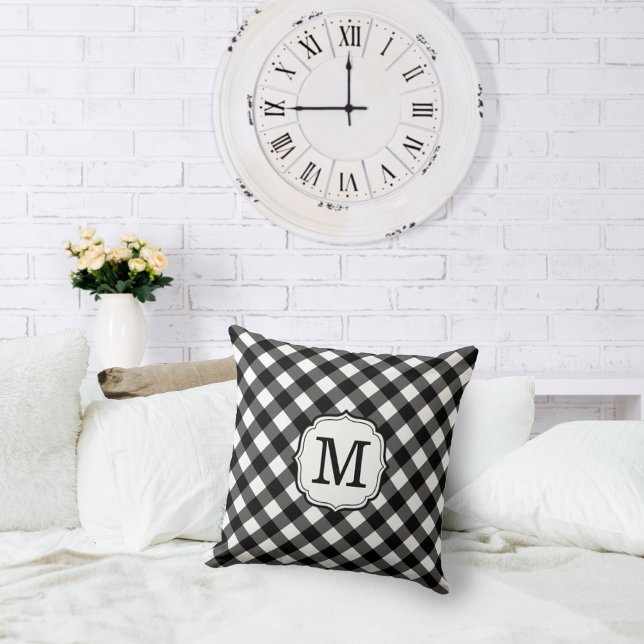 Retro Elegant Personalized Gingham Throw Pillows (Retro elegant black and white gingham check pillow)