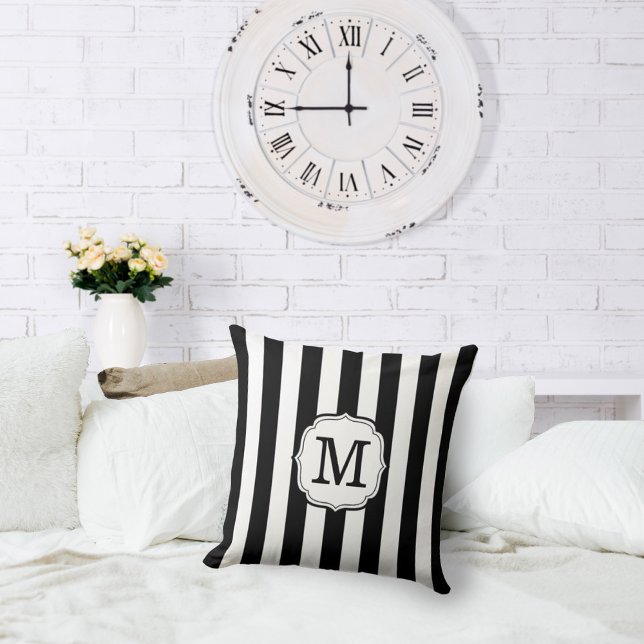 Retro Elegant Personalized Stripe Throw Pillows (Retro elegant black and white stripe pillow)
