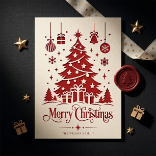 Retro Elegant Red Christmas Tree Festive Greeting Holiday Card