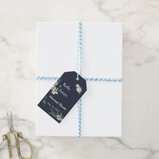 Retro Elegant white Flower Frame Navy Background Gift Tags