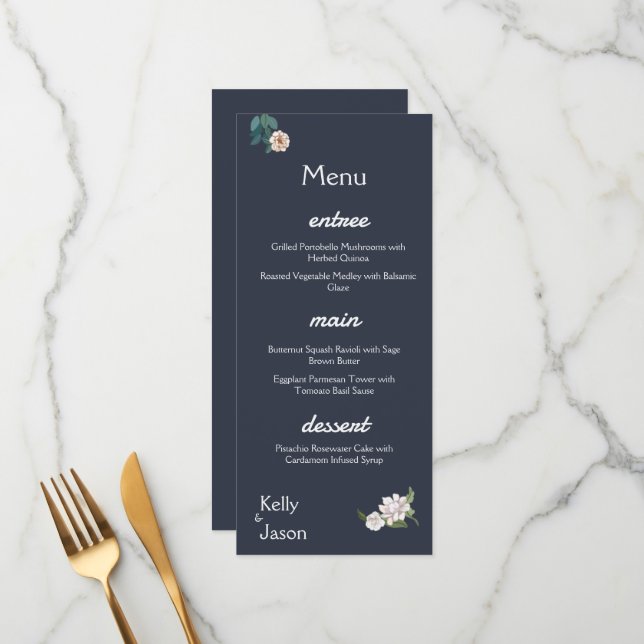 Retro Elegant white Flower Frame Navy Background Menu (Front/Back In Situ)
