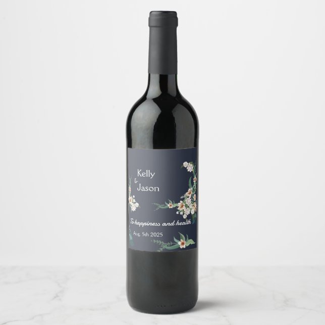 Retro Elegant white Flower Frame Navy Background Wine Label (Front)