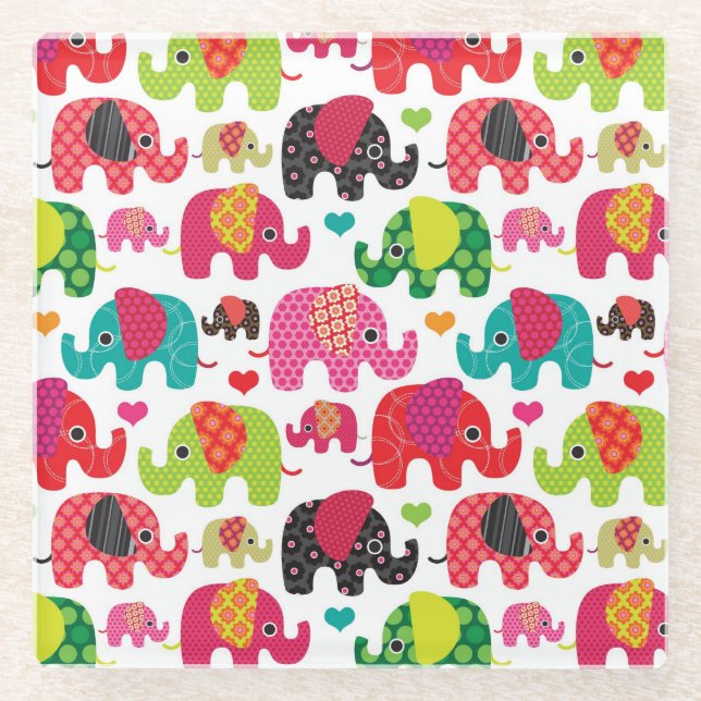 retro elephant kids pattern wallpaper glass coaster (Front)