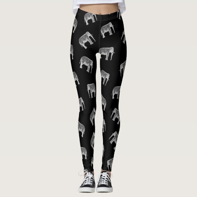 Retro Elephant Print Pattern Black & White Design Leggings (Front)