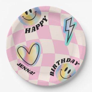 Retro Emoji Smile Birthday For Girls Paper Plate