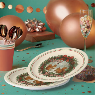 Retro English Holiday Wreath With Cute Squirrels Paper Plate