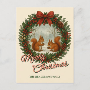 Retro English Holiday Wreath With Cute Squirrels Postcard