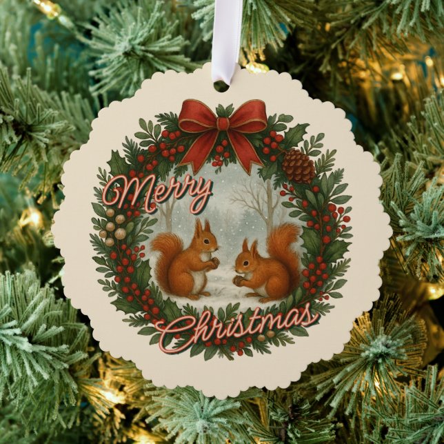 Retro English Holiday Wreath With Cute Squirrels Tree Decoration Card (Insitu (Tree))