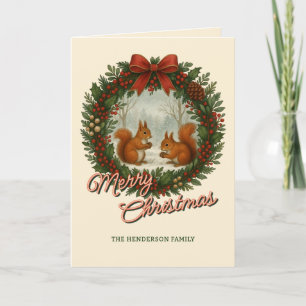 Retro English Wreath With Cute Squirrels Holiday Card