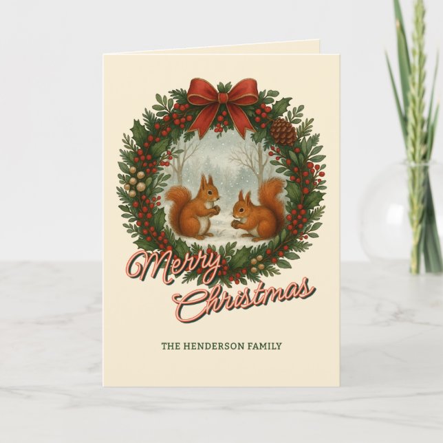 Retro English Wreath With Cute Squirrels Holiday Card (Front)