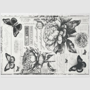 Retro ephemera black and white peonies butterfly tissue paper