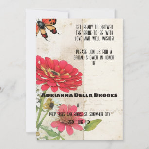 Retro Ephemera Zinnia and Ladybug Bridal Shower Invitation