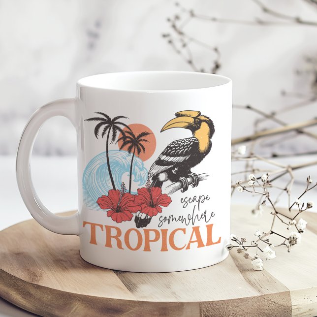Retro "Escape Somewhere Tropical" Coffee Mug (Retro "Escape Somewhere Tropical" Coffee Mug on a sunny boho wooden kitchen table.)
