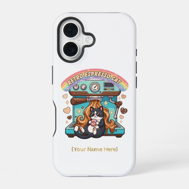 Retro Espresso Cute Cat Coffee Personalised iPhone 16 Case (Back)