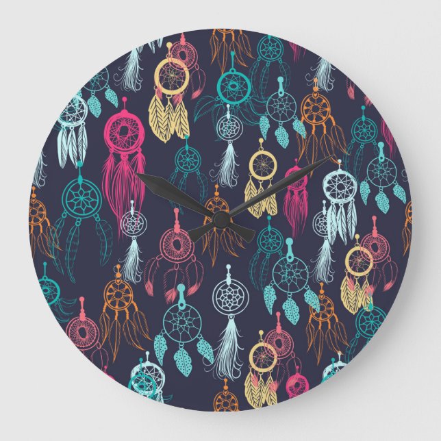 Retro Ethnic Doodle: Dreamcatcher Collection Large Clock (Front)