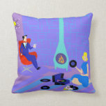 Retro Evening at Home Throw Pillow<br><div class="desc">This Retro Evening at Home Throw Pillow looks like a scene out of a 1960's romantic comedy. The minimalist design features an attractive cartoon couple in the living room of a mid century modern house. The room prominently features a purple and blue stone wall and a matching purple and blue...</div>