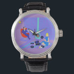 Retro Evening at Home Watch<br><div class="desc">This Retro Evening at Home Watch looks like a scene out of a 1960's romantic comedy. The minimalist design features an attractive cartoon couple in the living room of a mid century modern house. The room prominently features a purple and blue stone wall and a matching purple and blue striped...</div>