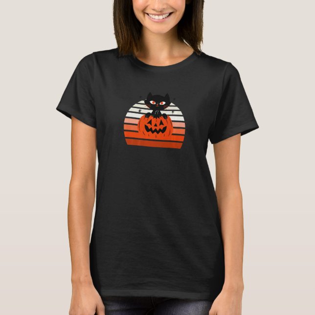 Retro Evergreen Curious Cat Pumpkin Sunset T-Shirt (Front)