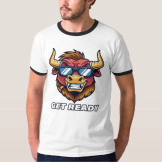 Retro Evil Bull with Sunglasses and Get Ready Text T-Shirt