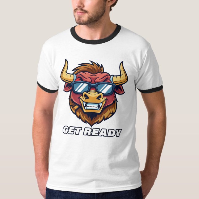 Retro Evil Bull with Sunglasses and Get Ready Text T-Shirt (Front)
