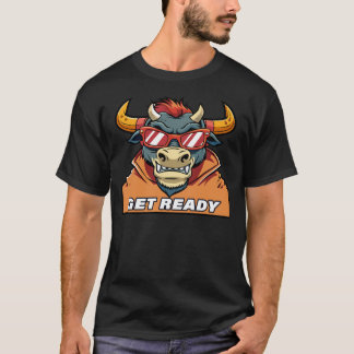 Retro Evil Bull with Sunglasses and Get Ready Text T-Shirt