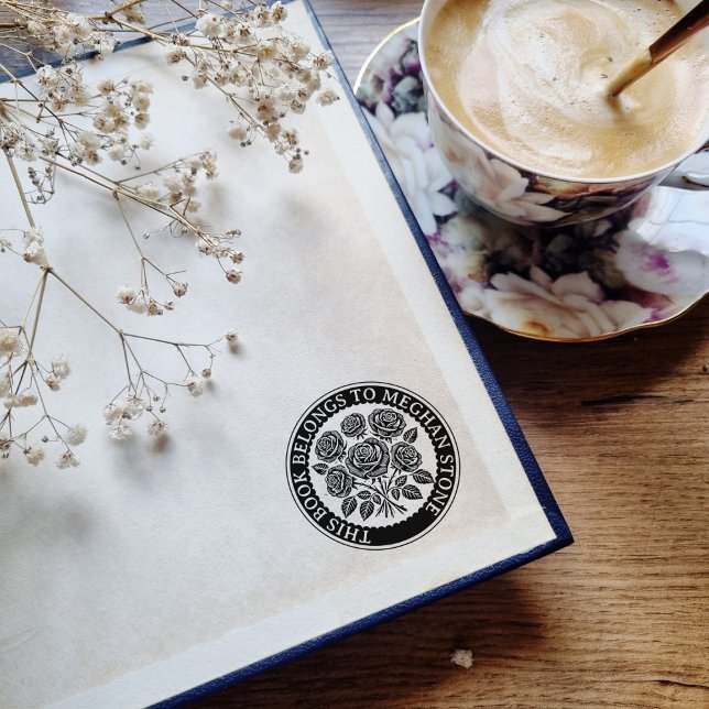 Retro Exlibris Stamp With Roses For Library (This book belongs to - round stamp with retro roses)