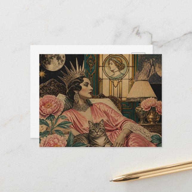Retro Fairytale Queen and Her Cat in Bed Postcard (Front/Back In Situ)