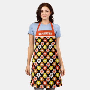 Retro Fall Autumn Flowers Pattern Black Apron